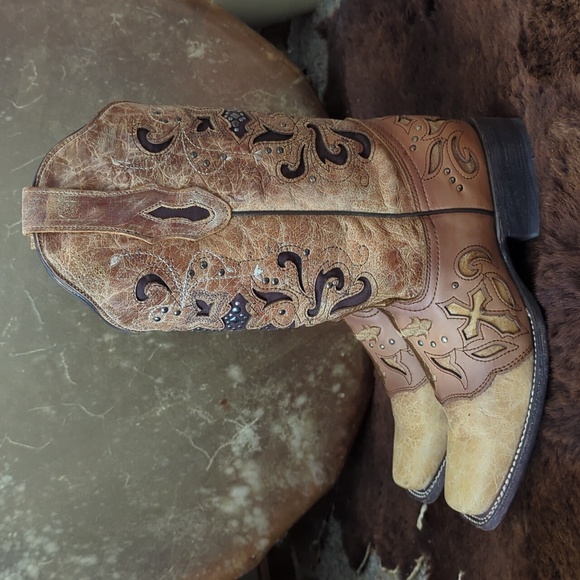 CORRAL C1167 antique tan distressed leather cowgirl western boots square toe 9.5 - Picture 4 of 16